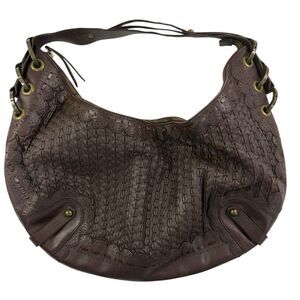 Isabella Fiore Chocolate Brown Leather Hobo Shoulder Bag Woven Grommet Purse